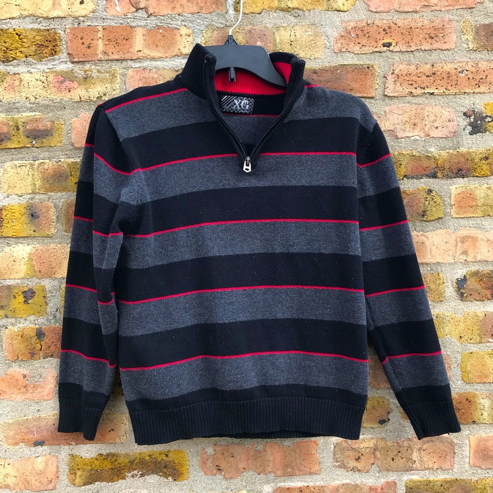 XG black gray and red striped quarter zip sweater